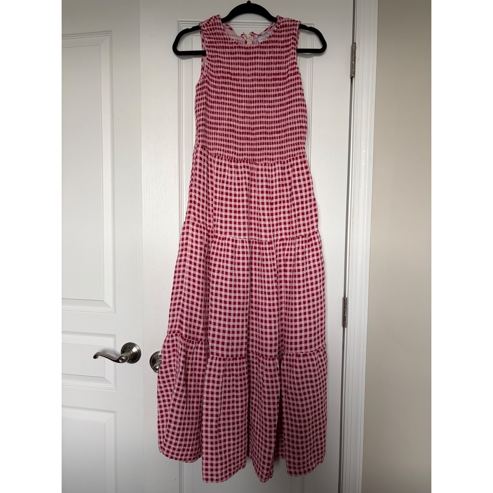 Serra Red Gingham Smocked Tiered Maxi Dress Sleeveless Cotton Medium